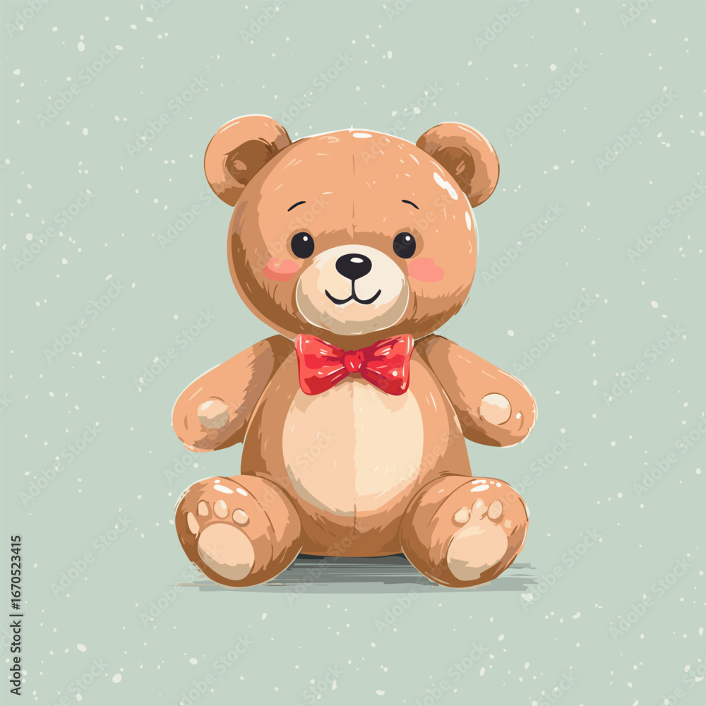 Obraz premium Cute teddy bear with red bow tie sitting on a pastel background. Adorable toy illustration, perfect for children, nursery decor, prints, greeting cards, and gifts