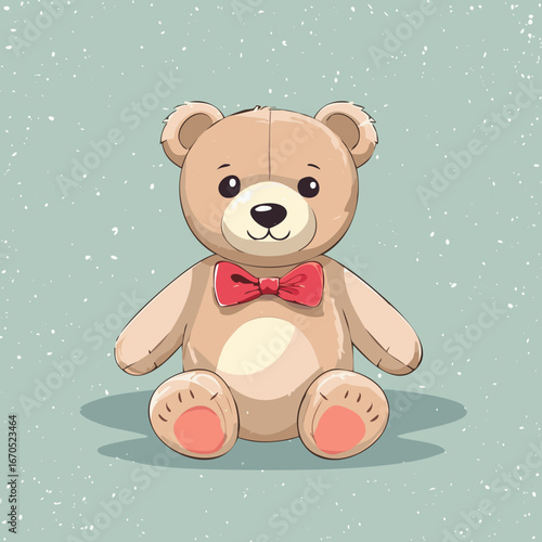 Cute teddy bear with red bow tie sitting on a pastel background. Adorable toy illustration, perfect for children, nursery decor, prints, greeting cards, and gifts