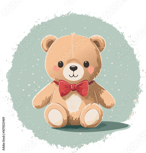 Cute teddy bear with red bow tie sitting on a pastel background. Adorable toy illustration, perfect for children, nursery decor, prints, greeting cards, and gifts