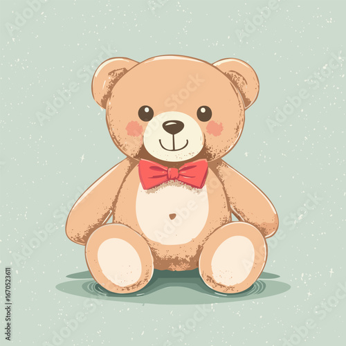 Cute teddy bear with red bow tie sitting on a pastel background. Adorable toy illustration, perfect for children, nursery decor, prints, greeting cards, and gifts