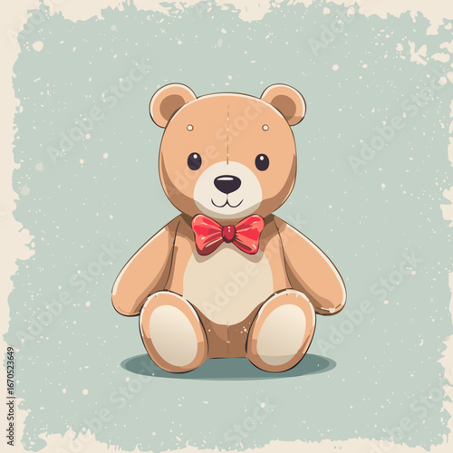 Cute teddy bear with red bow tie sitting on a pastel background. Adorable toy illustration, perfect for children, nursery decor, prints, greeting cards, and gifts