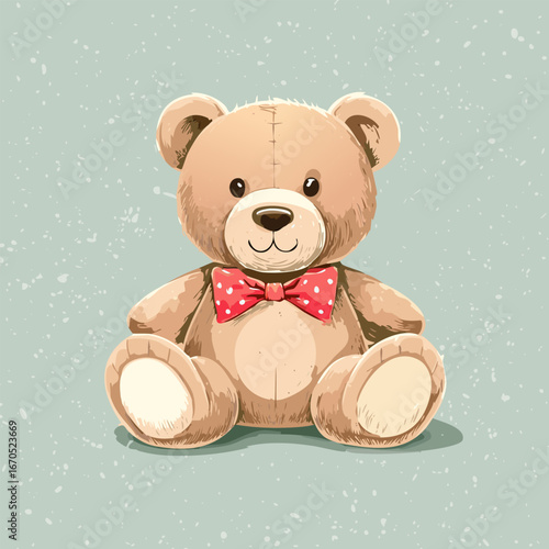 Cute teddy bear with red bow tie sitting on a pastel background. Adorable toy illustration, perfect for children, nursery decor, prints, greeting cards, and gifts
