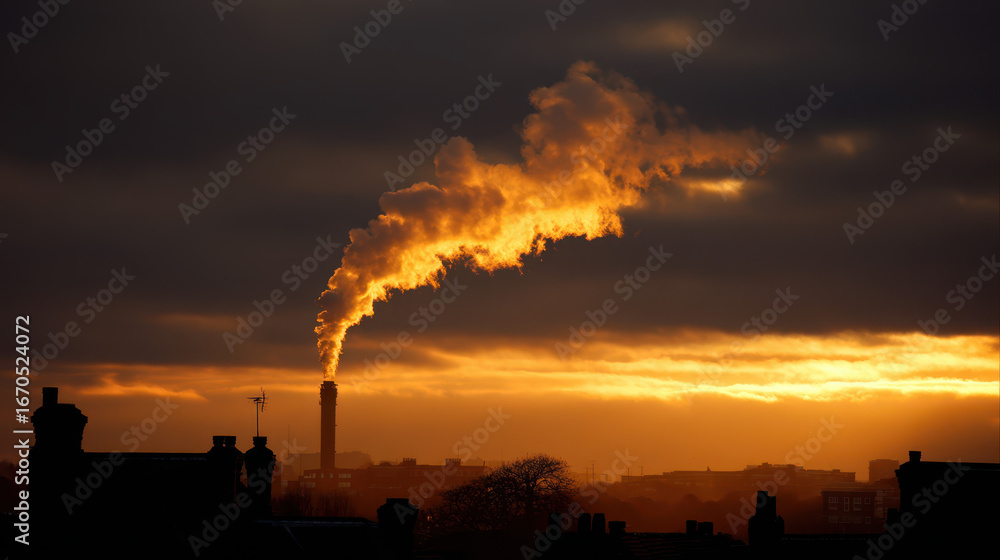 Fototapeta premium Industrial smoke emission at sunset urban landscape atmospheric photography overcast sky environmental impact
