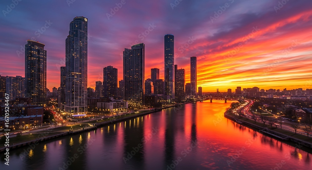 Fototapeta premium Fiery Sunset over City Skyline with River Reflection