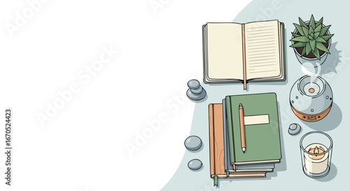 Flat illustration of wellness kits, notebooks, and calming décor for psychological health with copy space
