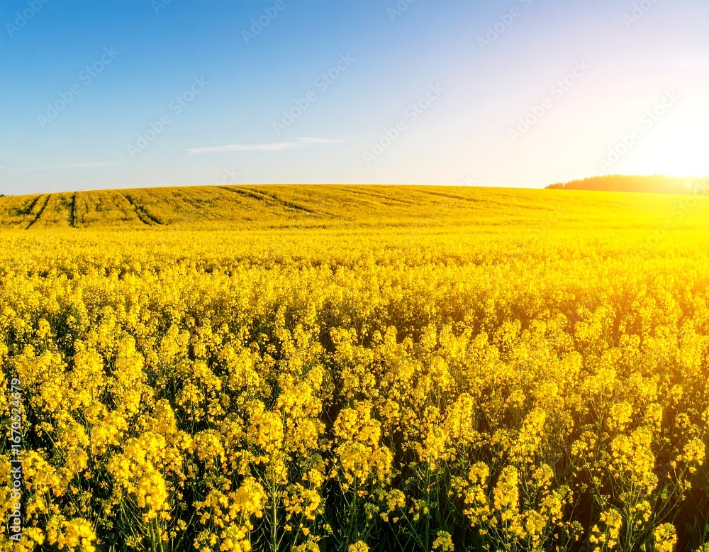 Fototapeta premium Vast field of vibrant yellow flowers under a bright sunset sky