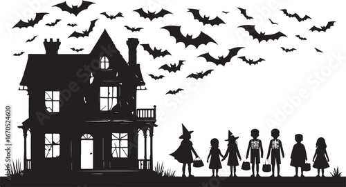 Black silhouette of a haunted house with bats flying and children in costumes trick or treating Halloween