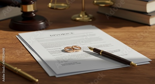 Divorce Legal Documents with Wedding Rings on Wooden Desk
