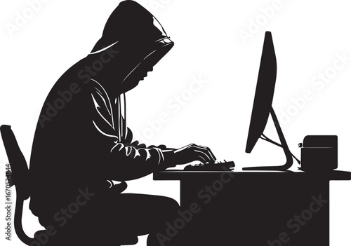 Silhouette of a person wearing a hooded sweatshirt typing on a computer keyboard at a desk hacker