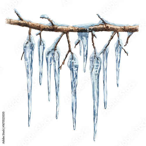 Icicles Hanging Branches, watercolor painting vector, isolated on a white background.
