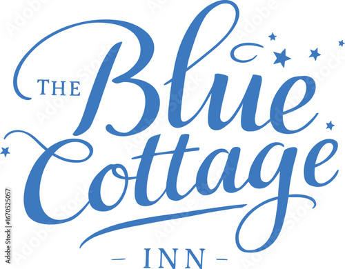 Blue Cottage Inn Logo Vector — Whimsical Cursive Typography with Star Accents for Boutique Lodging, Rustic Charm, and Branding