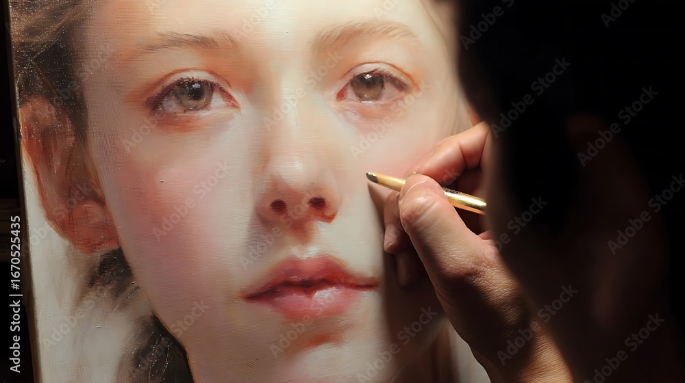 Obraz premium Close-up of a detailed portrait painting of a young woman.