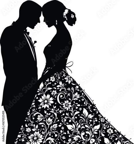 Elegant Wedding Couple Silhouette Vector — Romantic Scene with Floral Gown Detail for Love, Marriage, and Formal Celebrations