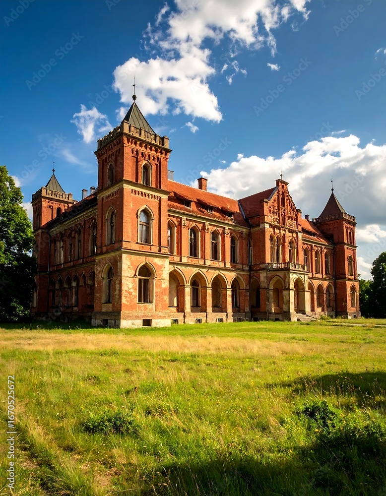 Fototapeta premium Grand brick manor under a sunny sky