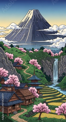Mount Fuji and Cherry Blossom Village with Waterfall and Terraced Rice Fields, Traditional Japan Illustration