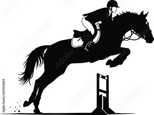Black silhouette of a horse and rider jumping over a hurdle on white background equestrian show jumping