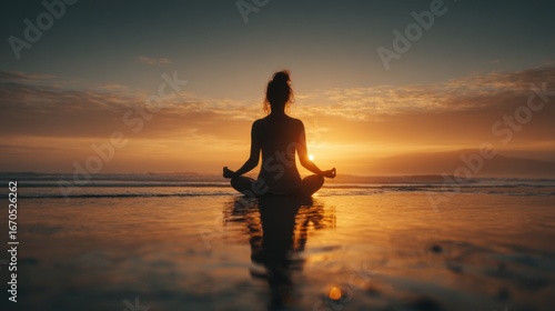 Wallpaper Mural A silhouette of a woman meditating in a yoga pose. She is sitting on a wet beach as the sun sets over the ocean, reflecting in the water. Torontodigital.ca