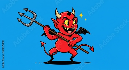 Whimsical devil character with trident and mischievous grin against blue background