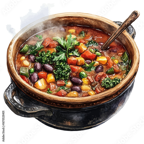 Hot Soup Bowl Winter, watercolor illustration vector, isolated on a white background.