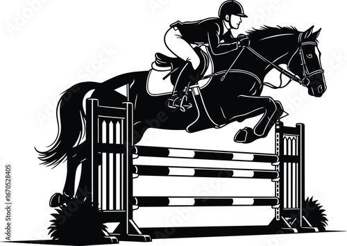 Horse and rider jumping over a colorful striped obstacle equestrian show jumping
