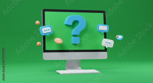 Computer screen displays giant question mark with chat bubbles symbolizing communication and inquiries