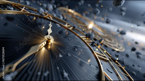 A clock with the hands on the number 3 and 9. The clock is surrounded by a lot of rocks