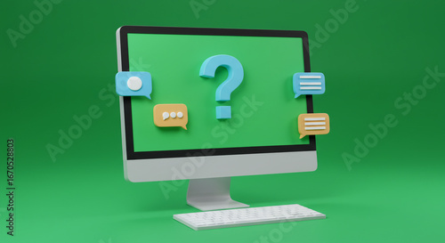 Computer screen displays question mark and chat bubbles, symbolizing online support or inquiry.