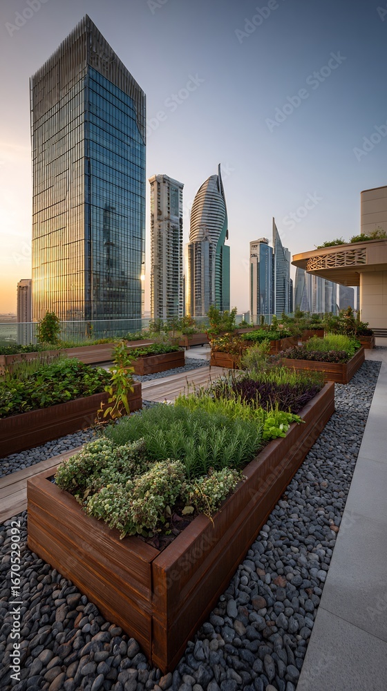 Obraz premium Urban Rooftop Garden Oasis with Modern Skyscrapers and Sunset Sky Backdrop Scene