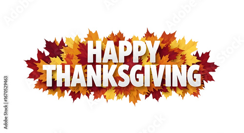 Happy thanksgiving text surrounded by autumn leaves isolated on transparent background