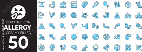 Allergy and Health set of web icons in line style. Medical and treatment linear icons collection. Containing asthma, medicine, allergy, antihistamine, pollen, cough, flu, skincare, treatment