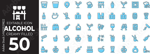 Alcohol and Cocktail set of web icons in line style. Drinks and celebration linear icons collection. Containing martini, vodka, whiskey, cocktail, beer, wine, cognac, brandy, lime, ice, party, bar.