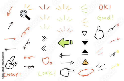 注目、気づき、強調、驚きを表すアイコンセット。集中線や矢印、漫画のような手書きの装飾。