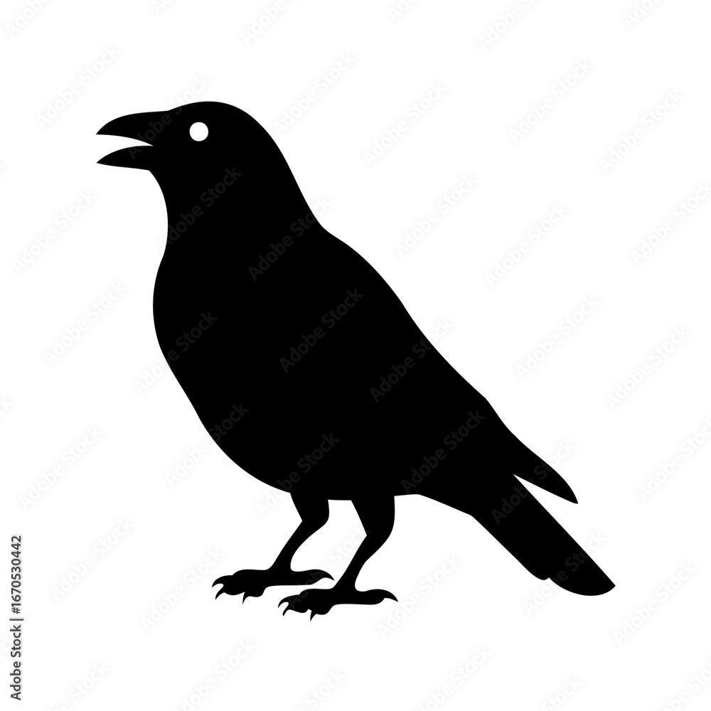 Fototapeta premium Stylized silhouette image of a crow with beak open, viewed from side