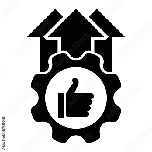 Productivity improvement icon with gear, thumbs up, and upward arrows in black fill color.