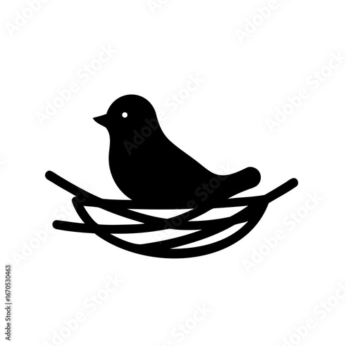 Stylized Silhouette of a Bird Sitting in a Nest Constructed from Twigs