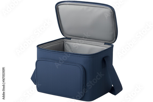 Open blue lunch bag with transparent background showcasing its thermal insulation
