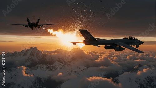 Dramatic digital illustration of two military drones in a high-altitude dogfight above a cloud, AI Generative