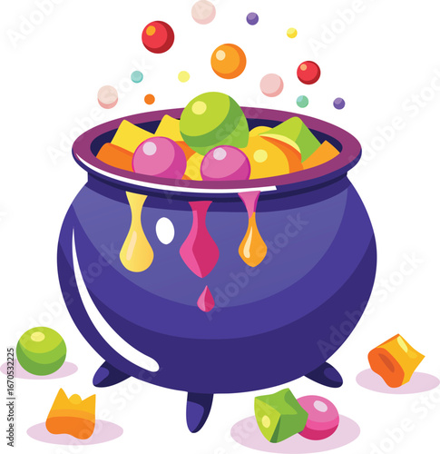 cauldron with candy spilling out clean white background