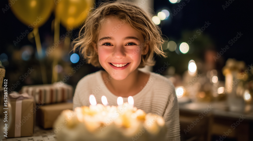 Naklejka premium Girl reaching toward cake to blow out candles, golden candlelight reflecting on smiling face, birthday decorations and gift boxes visible in soft focus