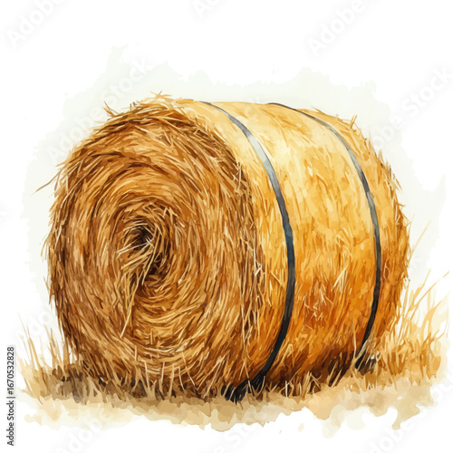 Hay Bale Rustic Farm, watercolor drawing vector, isolated on a white background.