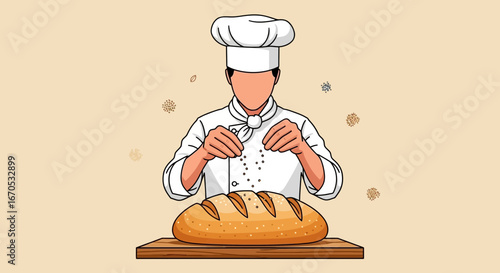 Skilled Chef Sprinkling Seeds On A Freshly Baked Loaf Of Bread With Precision