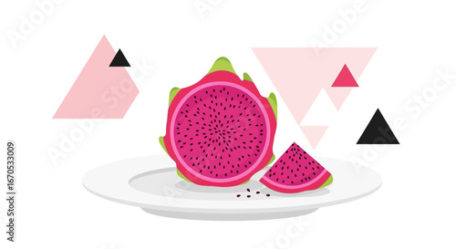 Sliced Dragon Fruit On Plate With Triangles Minimalistic Presentation