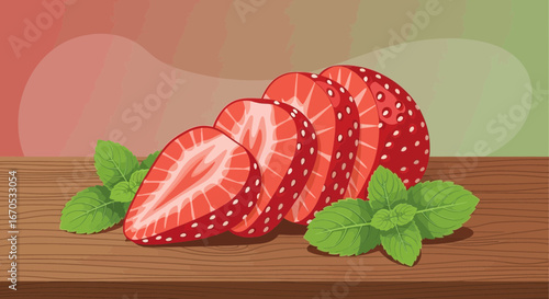 Sliced Strawberries With Mint Leaves Arrangement On A Wooden Background Surface