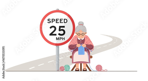 Slow Down And Enjoy Life Depicting Old Woman Knitting Beside Roadside