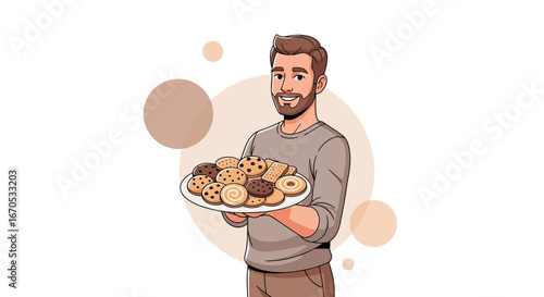 Smiling Baker Man Holds A Plate Full Of Assorted Delicious Cookies