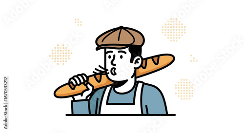 Smiling Baker Whistles While Carrying Freshly Baked Baguette on His Shoulder