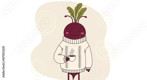 Smiling Beetroot Character Relaxes With Warm Drink In Cozy Sweater Illustration