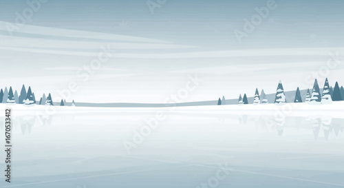 Serene Winter Landscape Flat Design with Snow Covered Evergreen Trees