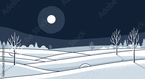 Serene Winter Landscape In Minimalist Style Under Moonlight With Bare Trees