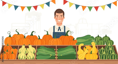 Smiling Farmer Presents Freshly Harvested Vegetables At Autumn Local Market